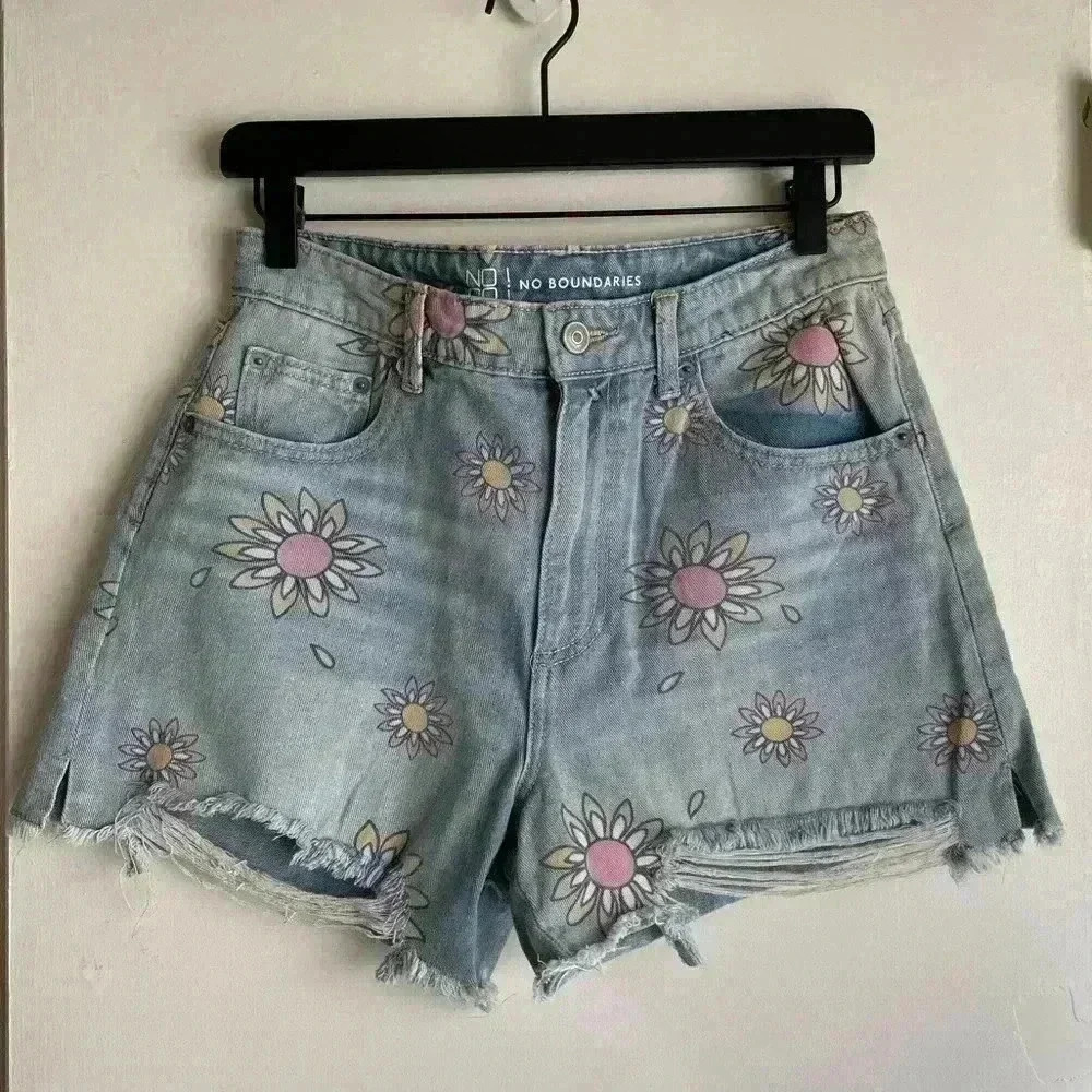 No Boundaries Light Blue Jean Shorts with Floral Design